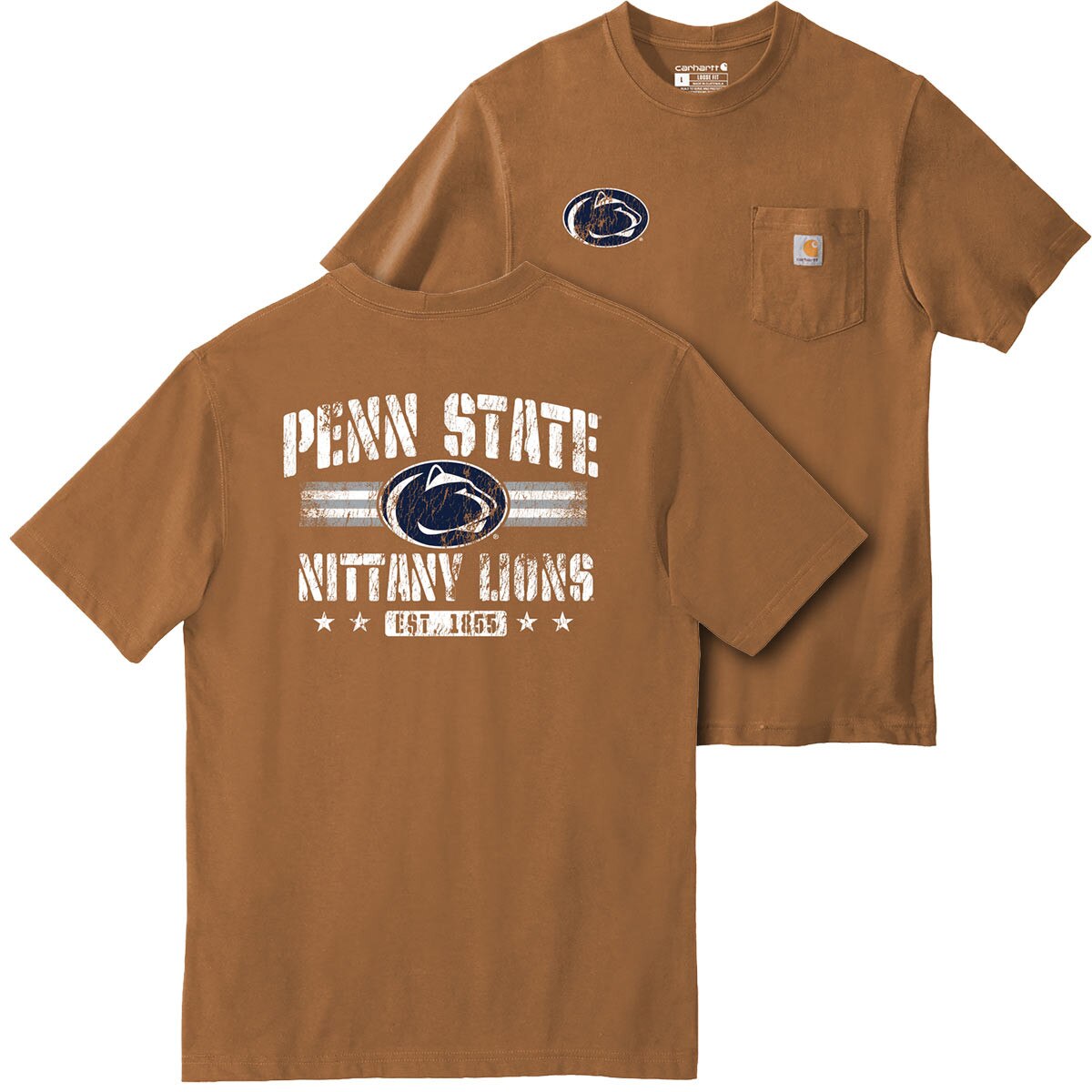 brown short sleeve Carhartt pocket t-shirt with Penn State graphics